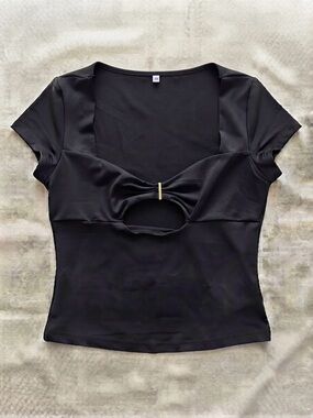Black Twist Front Cutout Top with Gold Accent